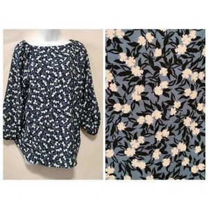 Ann Taylor size Small 3/4 Sleeves Blue Floral Pleated Blouse Top